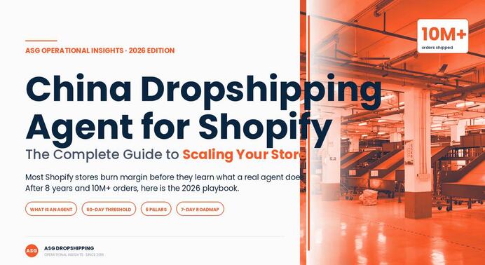 China Dropshipping Agent for Shopify — complete guide cover with ASG warehouse Shenzhen + 10M+ orders badge