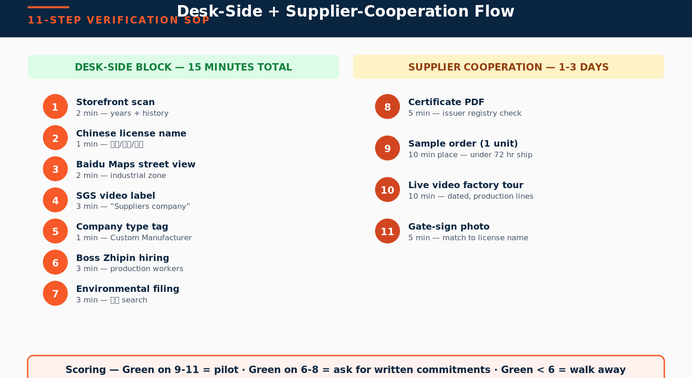 11-step Alibaba supplier verification SOP — desk-side steps 1-7 in 15 minutes, supplier cooperation steps 8-11 in 1-3 days