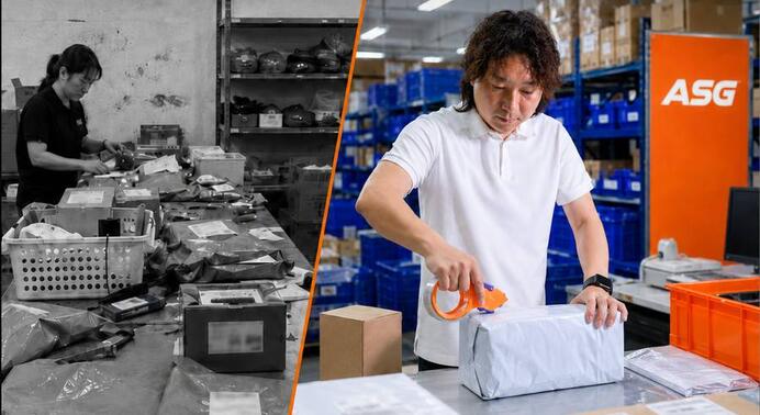 ASG warehouse Shenzhen running transition workflow for second-time switchers across 4 warehouses and 2,300+ verified factories with 0.3% defect rate (six-step QC pipeline)