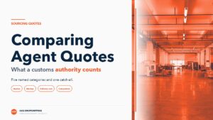 A split cover graphic reading Comparing Agent Quotes and What a customs authority counts, beside an orange-tinted warehouse aisle with ASG Dropshipping branding.