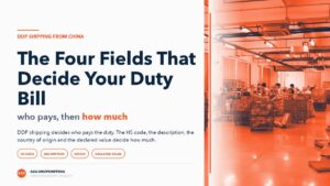 DDP shipping from China cover: the headline "The Four Fields That Decide Your Duty Bill" in navy on an off-white panel with tags reading HS Code, Description, Origin and Declared Value, beside an orange-tinted photo of a warehouse dispatch floor where staff in high-visibility vests work at packing stations among wheeled crates and filled sacks.