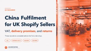 China fulfillment for UK Shopify sellers article cover with an ASG warehouse packing floor.