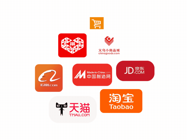 Animated logos of Taobao, 1688 and Chinese ecommerce sourcing marketplaces