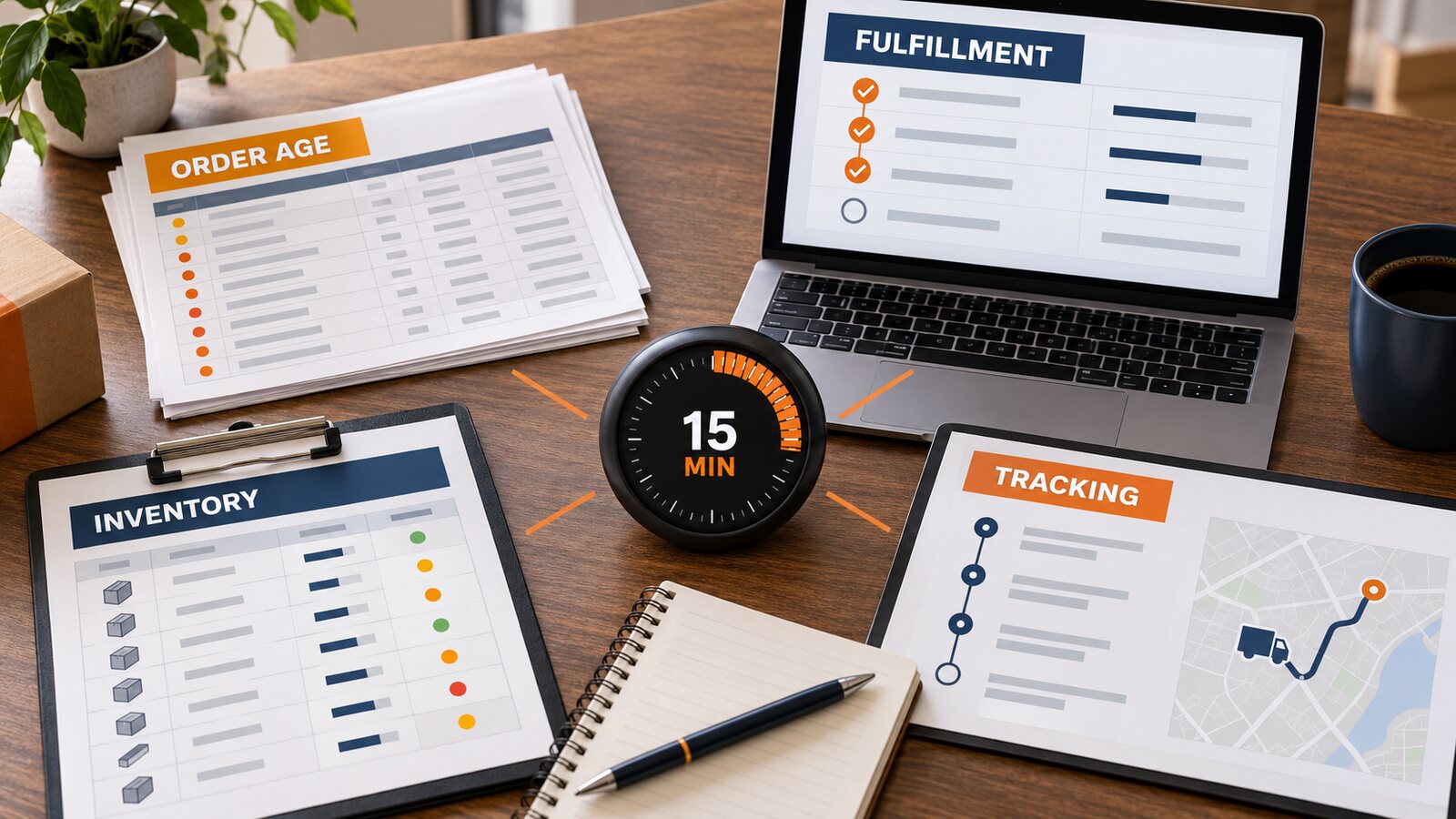 Desk with order age, fulfillment, inventory, and tracking records arranged around a 15-minute timer.