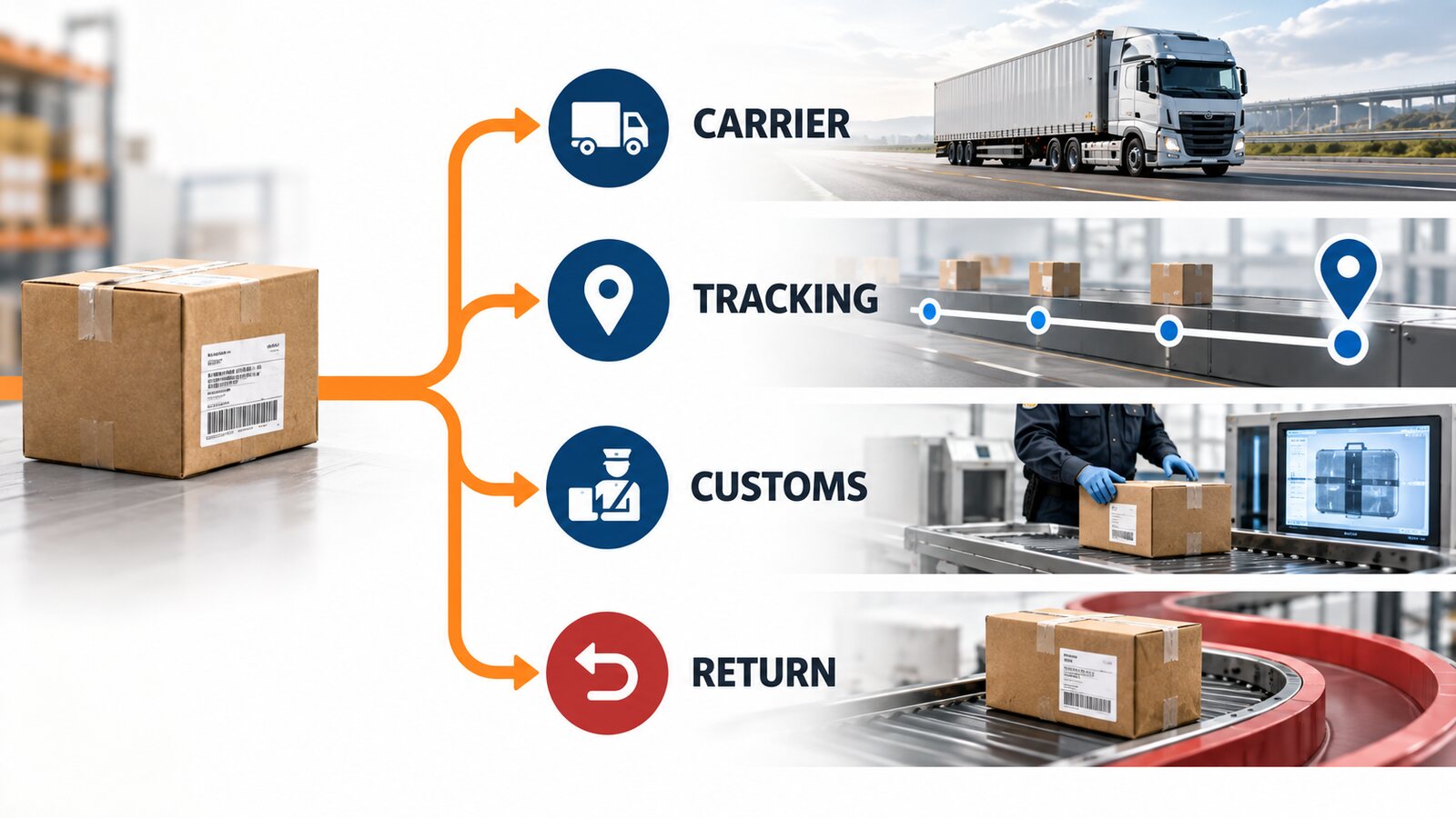 Parcel path branching to carrier, tracking, customs, and return handling.
