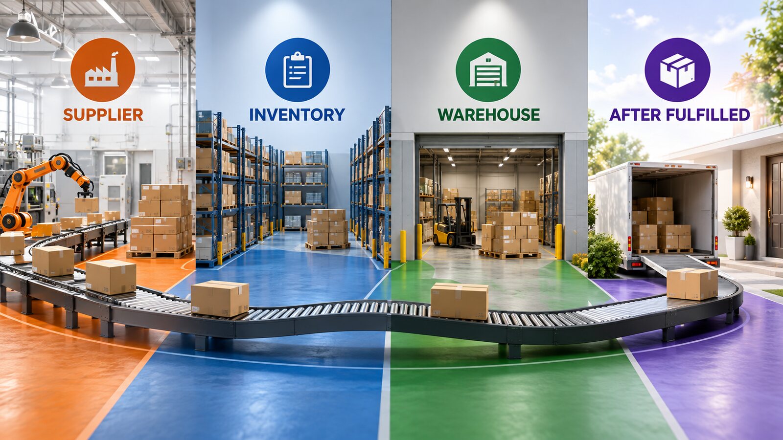 Four fulfillment waiting zones labeled supplier, inventory, warehouse, and after fulfilled.