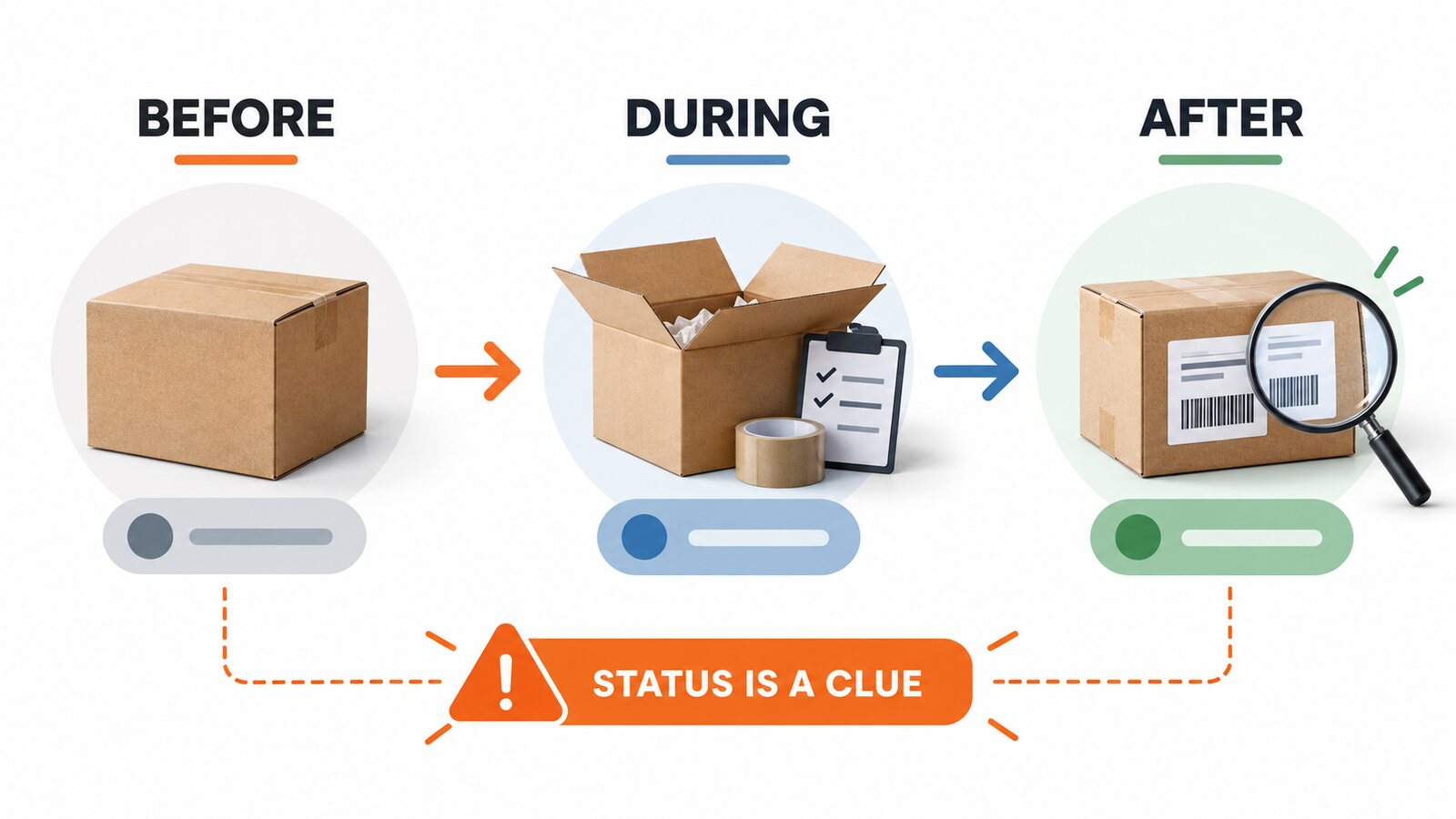 Parcel diagram showing before, during, and after fulfillment with a warning that status is a clue.