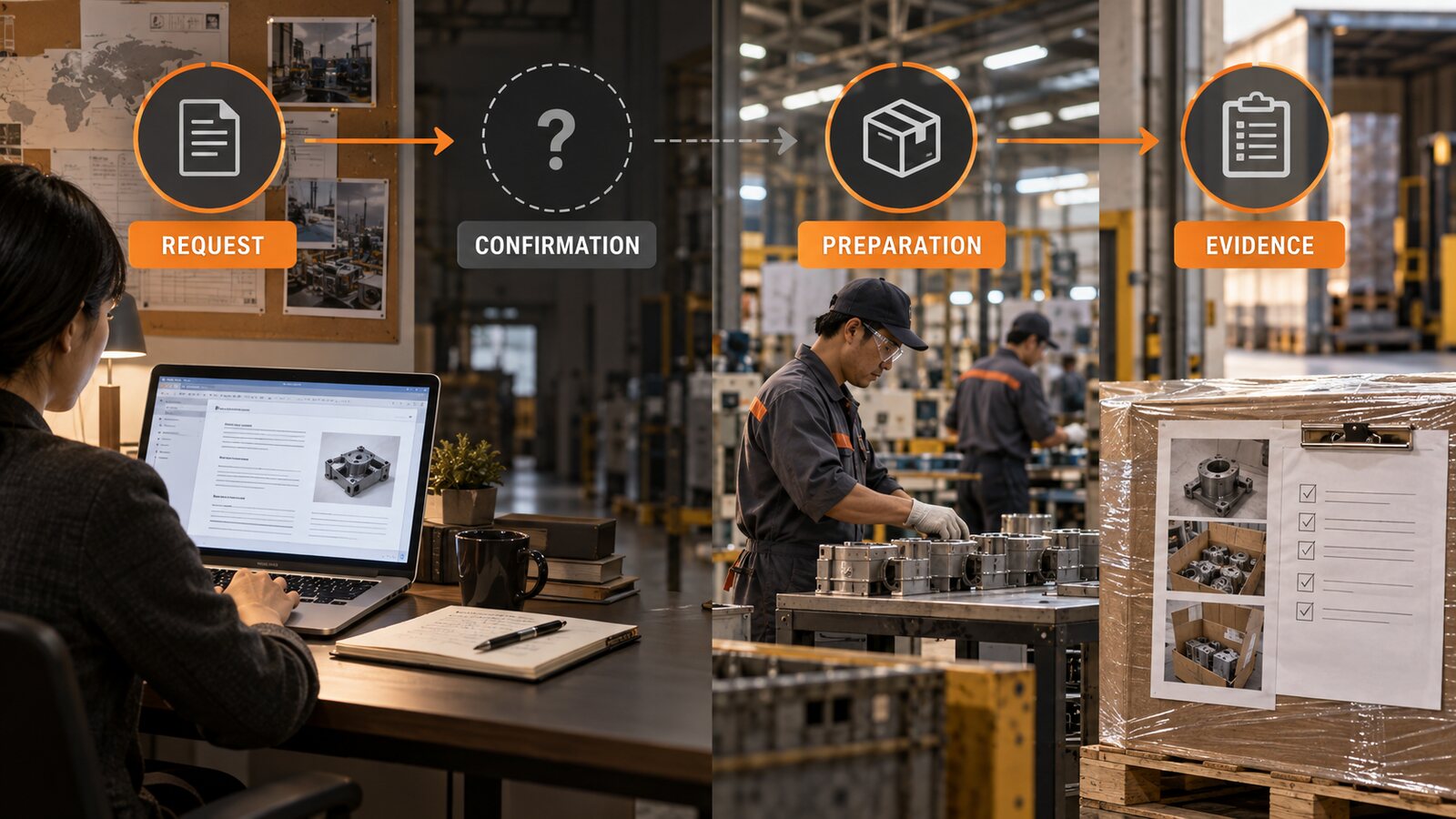 Supplier evidence chain showing request, confirmation, preparation, and evidence in a factory setting.