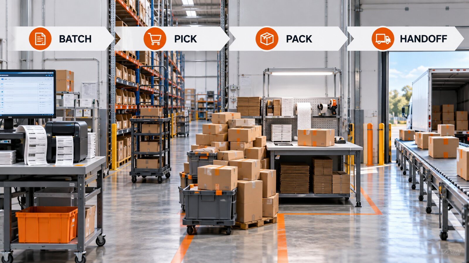 Warehouse process labeled batch, pick, pack, and handoff with parcels accumulating before packing.