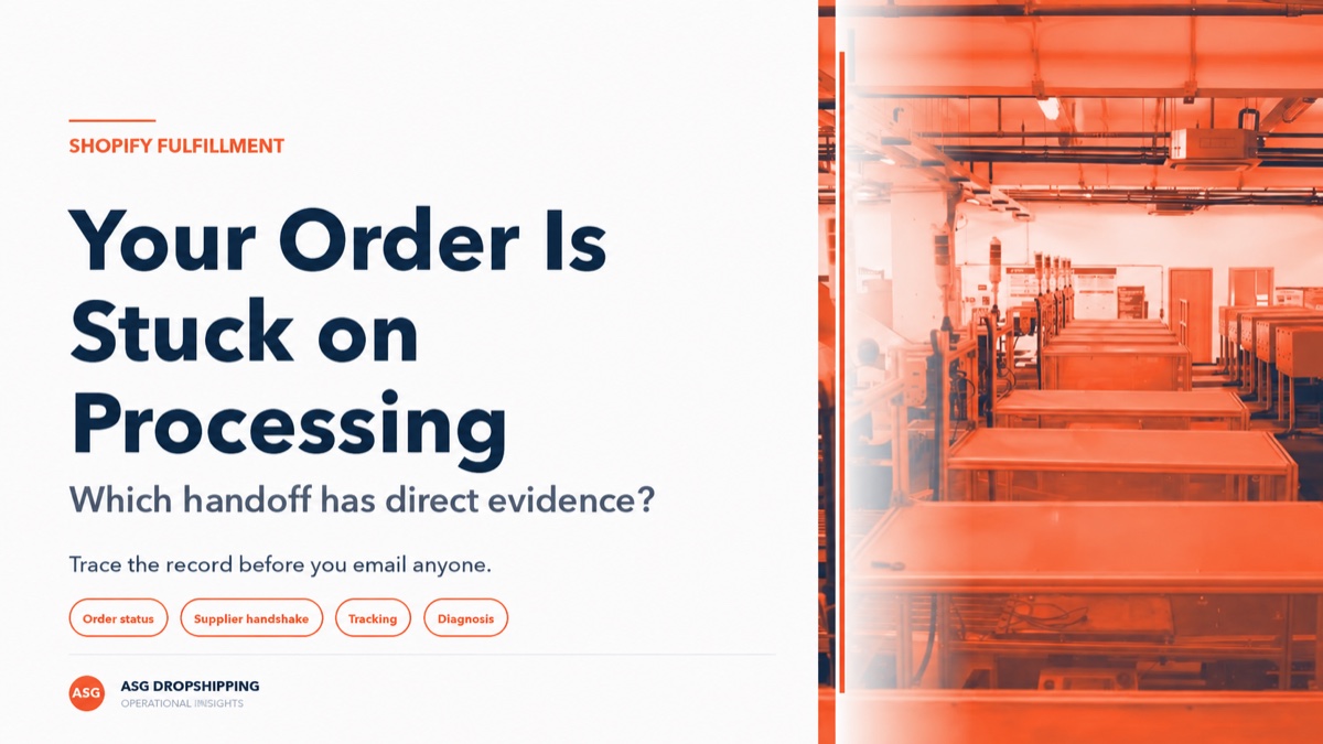 ASG Shopify fulfillment article cover showing a warehouse conveyor beside the title Your Order Is Stuck on Processing.
