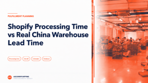 Article cover graphic with the heading 'Shopify Processing Time vs Real China Warehouse Lead Time,' the category label 'Fulfillment Planning,' and four pill tags: Processing time, Cut-off, Calendars, Evidence. A warehouse photograph with an orange color overlay runs down the right side, with the ASG Dropshipping logo and 'Operational Insights - Since 2019' at bottom left.