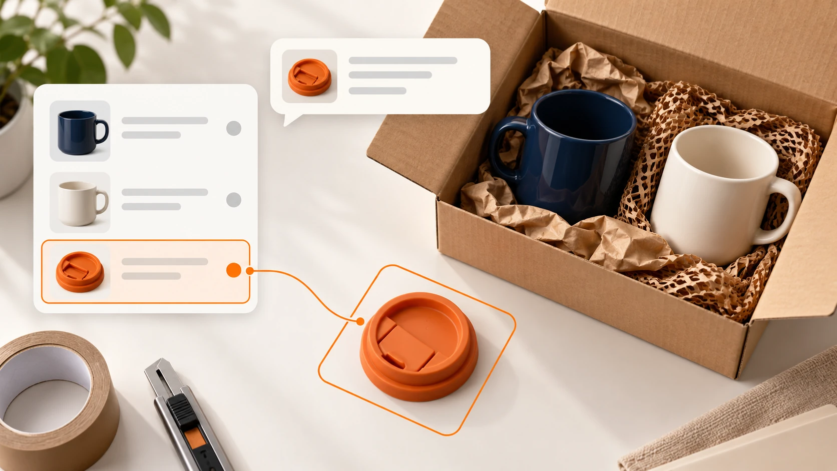 Conceptual illustration of a hypothetical order: a blue mug and a white mug in a shipping box, and an orange lid whose order line is highlighted and linked to a customer message.