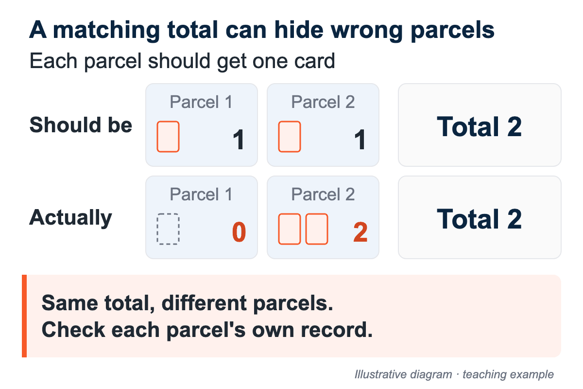 Diagram of two parcels that should each get one card, compared with an actual result of zero and two cards; both totals are 2.