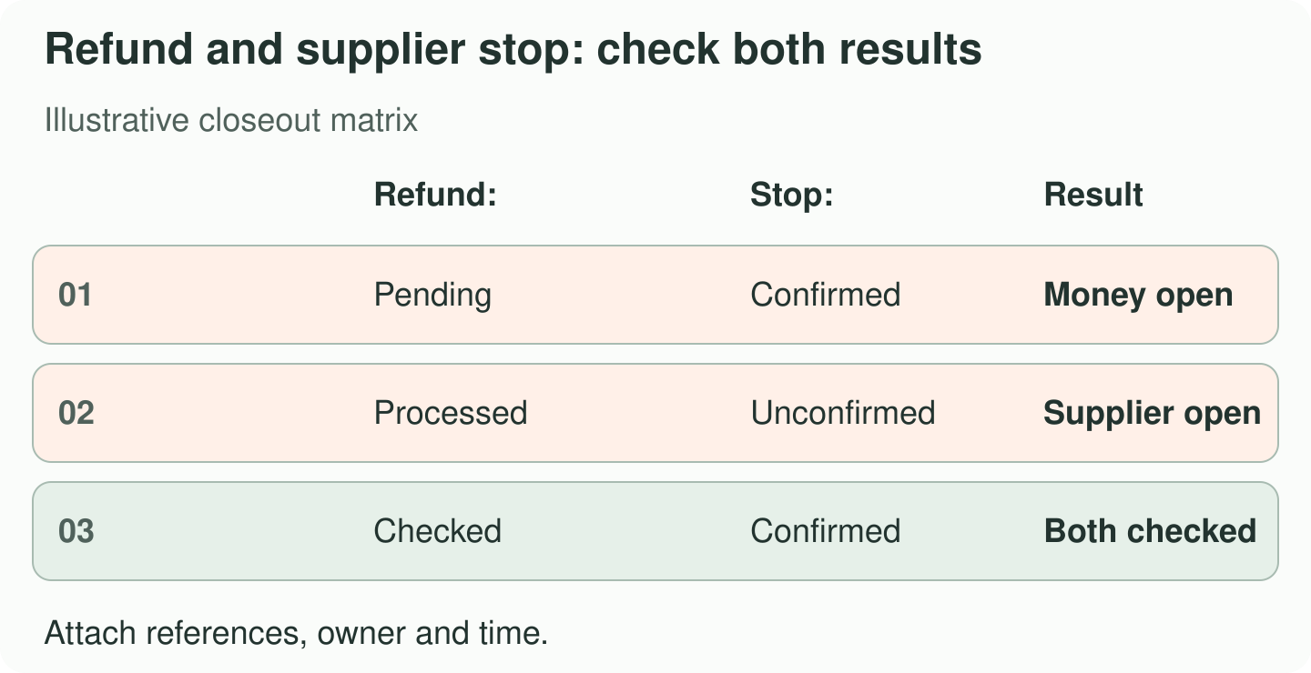 Matrix separates refund evidence from supplier cancellation; each unresolved task stays open.